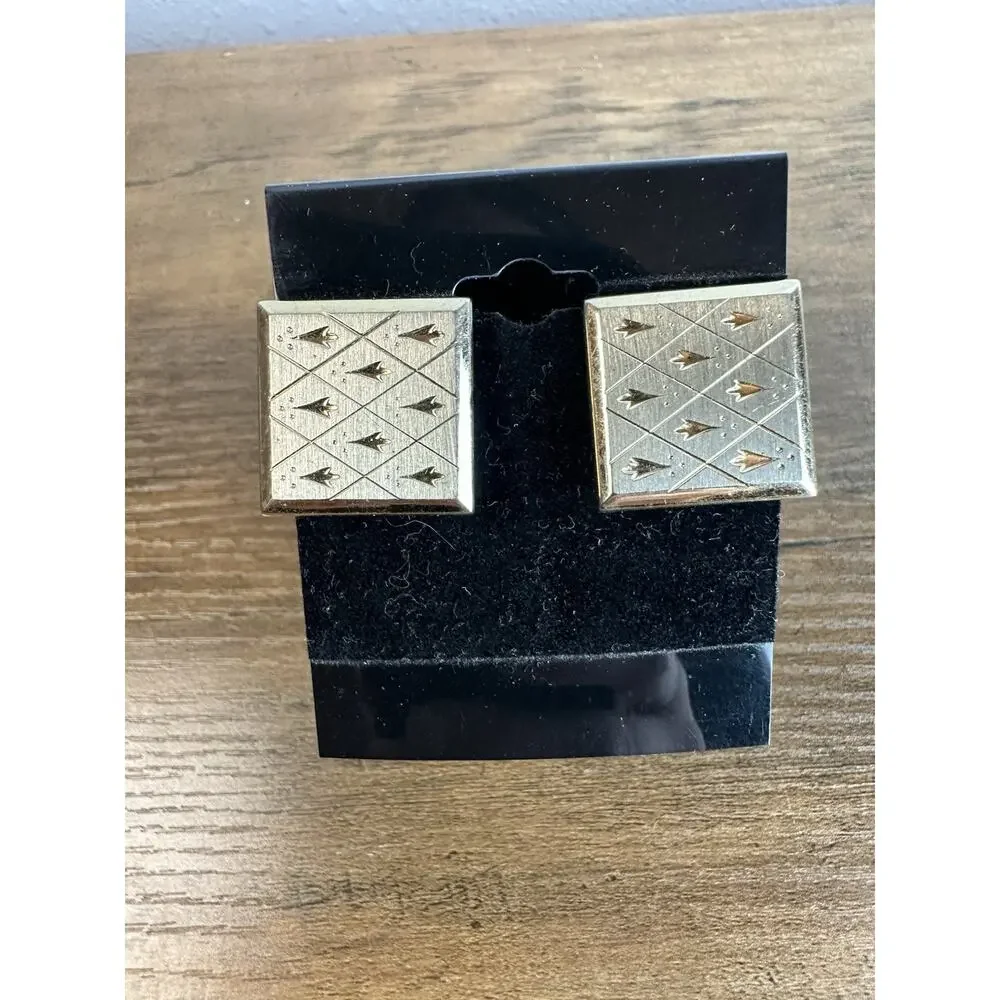 SWANK Gold Tone Cufflinks Vintage Geometric Engraved Square Mens